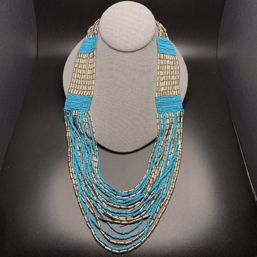 Seed Bead Necklace Blue Silver Tone Boho Statement Bold Layered Chunky
